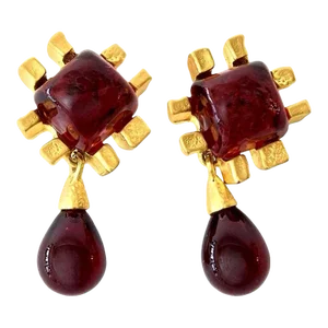 Andrew Springarn Red Gripoix Glass & Gold Plated Clip on Dangle Sculptural Earrings - 2 Pieces