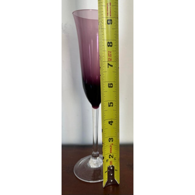 Glass Vintage Hand-Blown Art Glass Champagne Flutes – Set of 4 – Jewel Tone Stemware – Green Aqua Pink Amethyst For Sale - Image 7 of 10