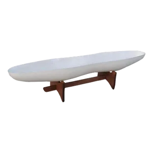 1970s White Fiberglass Ap Peanut Planter With Walnut Wooden Base Styled After John Follis