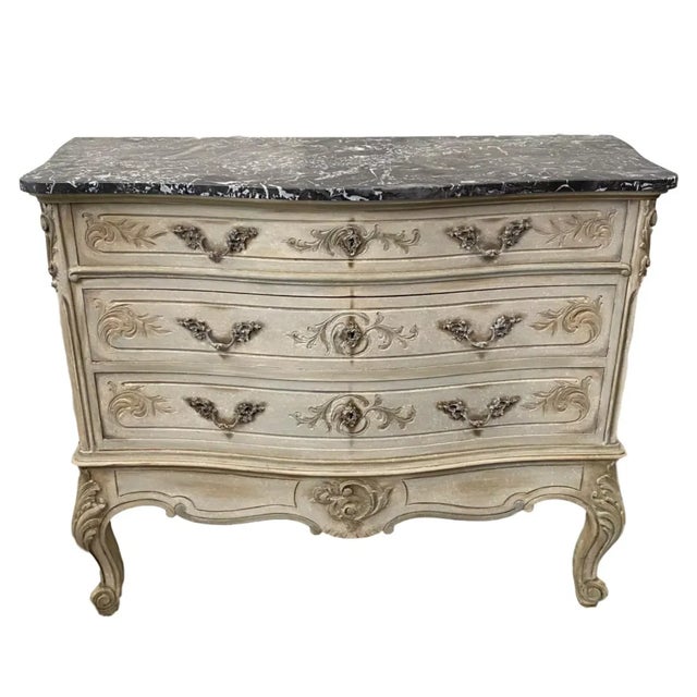 Taupe French Louis XV Style Marble Top Painted Commode For Sale - Image 8 of 8