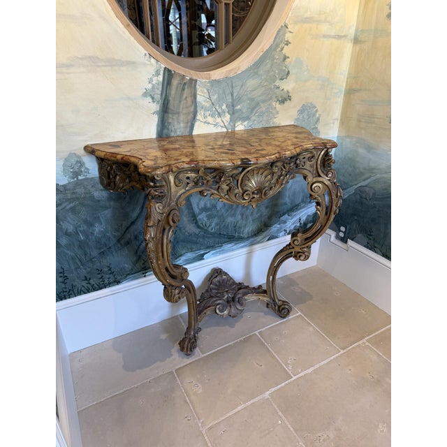 Rococo 19th Century Italian Rococo Style Giltwood Console Table With Rosso Verona Marble Top For Sale - Image 3 of 4