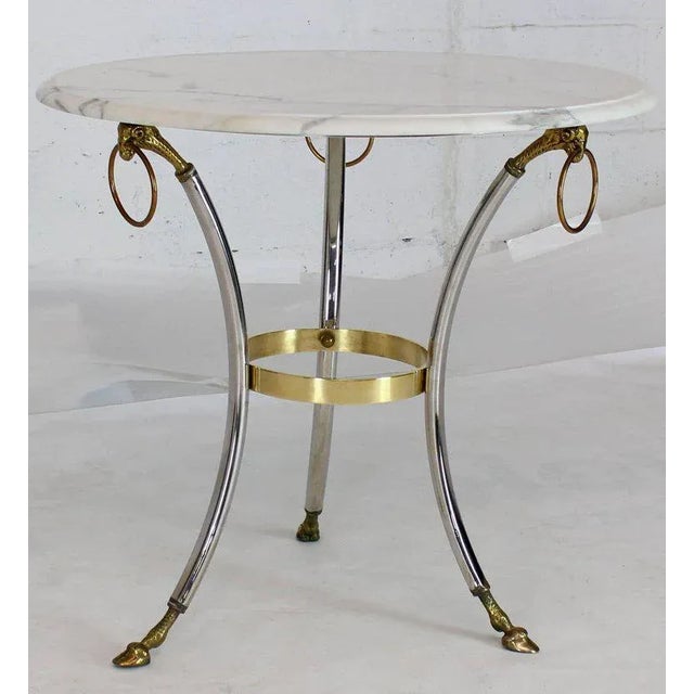 1970s Mid-Century Modern Brass Chrome Marble-Top Hoof Feet Large Rings Accents Table For Sale - Image 11 of 12