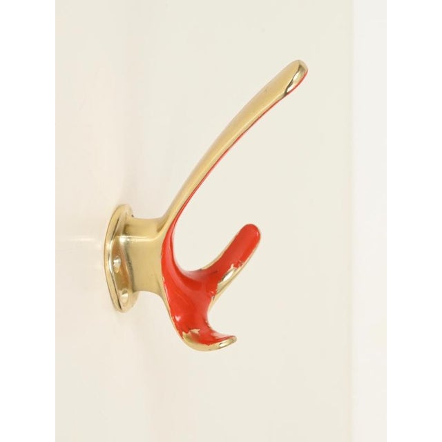 Mid-Century Brass and Coral Red and Black Enamel Coat Hooks, Italy, 1950s, Set of 4 For Sale - Image 6 of 14