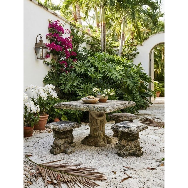 Stone Gray Vintage Cast Stone Garden Dining Set With Dolphin Pedestal Table & Three Matching Stools For Sale - Image 8 of 12