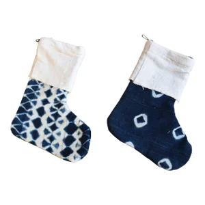 Blue & White One-Of-A-Kind African Textile Christmas Stockings, S/2