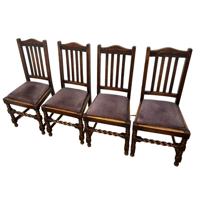 Wood Antique Chairs Set of Four, Barley Twist Accent, Solid Oak, Lavender Seats For Sale - Image 7 of 11