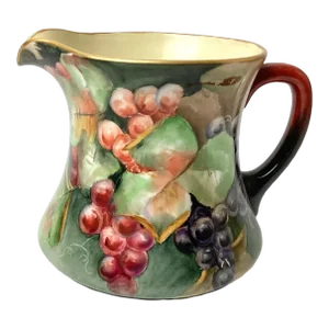Late 19th Century Large Limoges Porcelain Water Pitcher Hand Painted With Grapes
