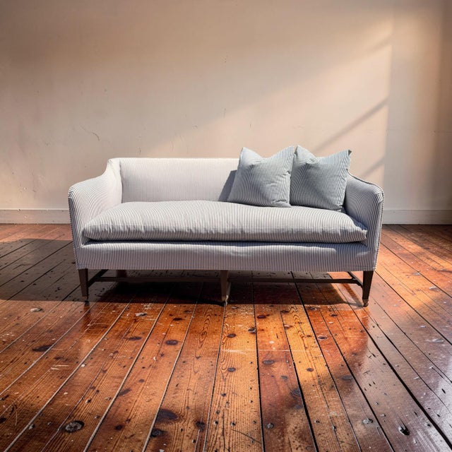 1980s Vintage Elegant Sofa With High Back, Striped Ticking Slipcover For Sale - Image 5 of 8