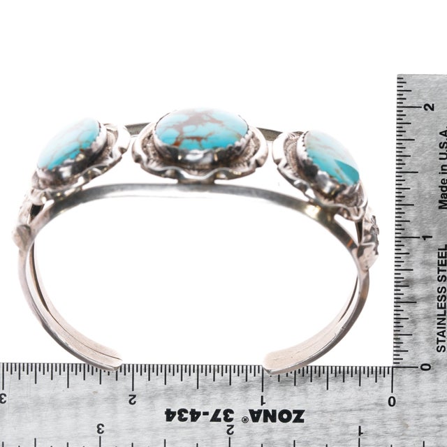 Metal 6.75" Vintage Native American sterling 3 turquoise cuff bracelet w/Brown matrix For Sale - Image 7 of 10