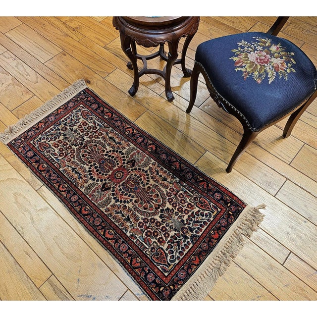 Vintage Persian Sarouk Area Rug, Handwoven Floral Pattern, Ivory & Navy, 2’ X 4’ For Sale - Image 11 of 12