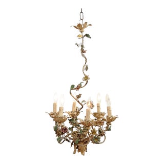 French 1880s Belle Époque Painted Tôle Six-Light Chandelier with Petite Flowers For Sale
