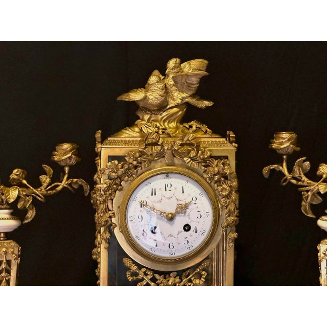 19th C French Louis XVI Bronze Marble Crystal Clock Set – 3 PCS For Sale - Image 12 of 18