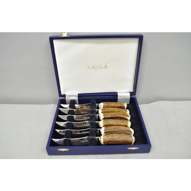 Late 20th Century Scully & Scully Arts & Crafts Natural Staghorn Handle Steak Knives - Set of 6 For Sale - Image 16 of 16