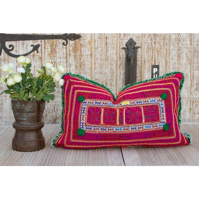 Hot Pink Kajal Thar Silk Embroidered Antique Pillow For Sale - Image 8 of 8