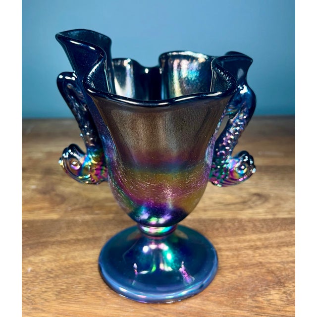 Late 20th Century Fenton Twin Dolphin Handled Iridescent Art Glass Vase For Sale - Image 5 of 11