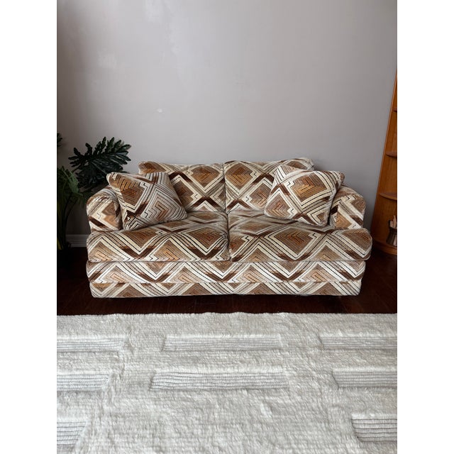 Vintage 1970s Groovy Loveseat Sofa with Jack Lenor Larson Upholstery Fabric Gorgeous velvet upholstered loveseat sofa with...