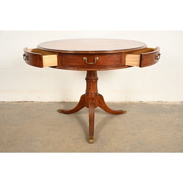 Wood Hekman Georgian Banded Cherry Wood Pedestal Drum Side Table or Tea Table, Circa 1980s For Sale - Image 7 of 15