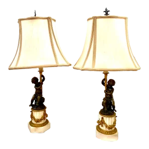19th C French Marble and Bronze Cherub Lamps