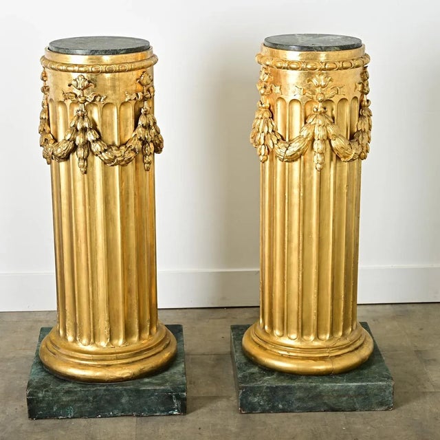 French Pair of Neoclassical Giltwood & Marble Top Columns For Sale - Image 4 of 12