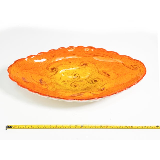 Metal Very Large 1950's Mid-Century Modern Fratelli Toso Oversized Italian Murano Art Glass White, Orange, & Gold Fleck Footed Centerpiece Bowl For Sale - Image 7 of 9