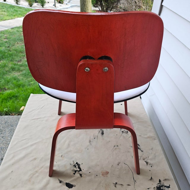 Mid-Century Modern Attributed Herman Miller Style Red Aniline DCW + Skull Chair For Sale - Image 3 of 14