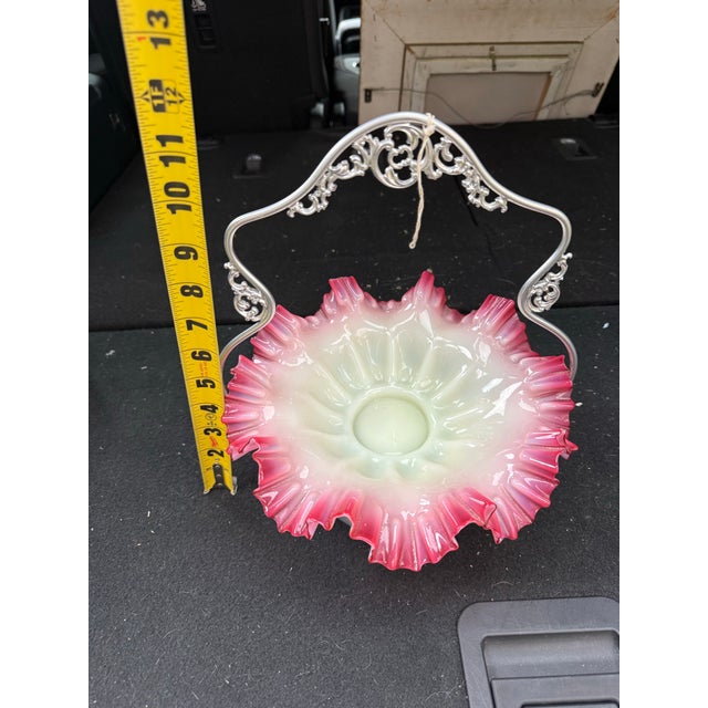 Cranberry Pink Silvercrest Ruffled Uranium Glass Antique Brides Basket Very rare UV reactive Excellent condition no...
