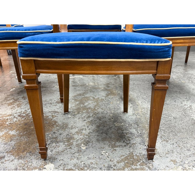 Blue Heritage Neoclassical Blue Velvet Dining Chairs, Set of Six For Sale - Image 8 of 12