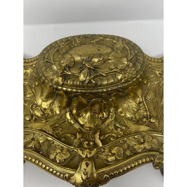 Antique Monumental Art Nouveau Brass Desk Inkwell With Botanical Relief, Circa 1900 For Sale In Seattle - Image 6 of 9
