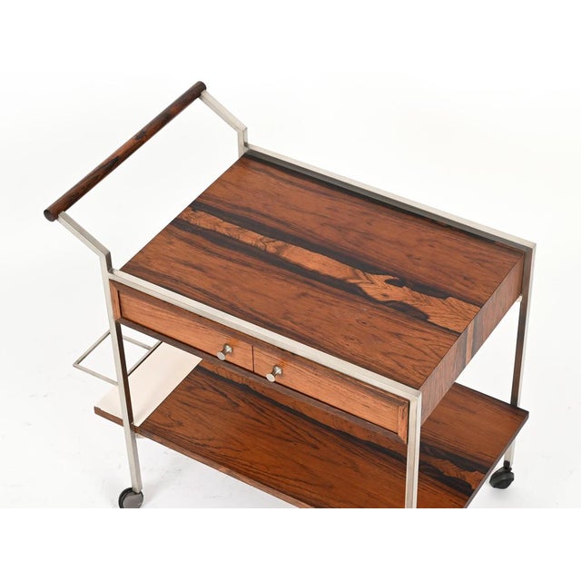 Serving Bar Cart with Drawers in Rosewood and Chrome by George Coslin, Italy, 1950s For Sale - Image 9 of 15