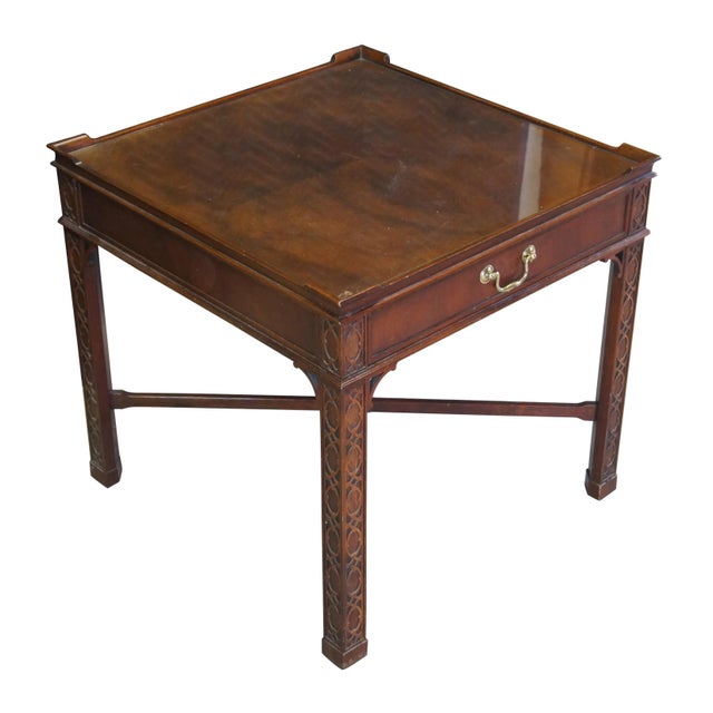 Chinese Late 20th Century Vintage Baker Chinese Chippendale Mahogany Carved Square End Table with Glass Top For Sale - Image 3 of 13