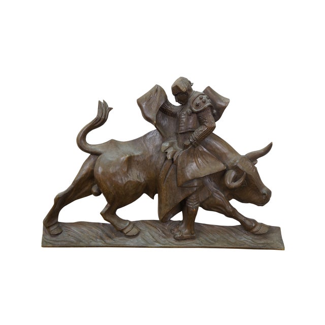 Mexican Mid 20th Century Mexican Spanish Carved Mahogany Matador Bull Fighter Relief Wall Plaque 20" For Sale - Image 3 of 8