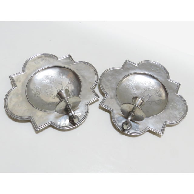 1990s Match Quatrefoil Polished Pewter Wall Sconces - A Pair For Sale - Image 5 of 9