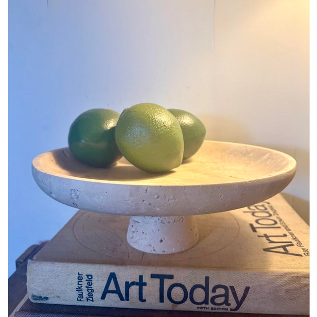 Contemporary Organic Modern Travertine Style Pedestal Bowl – Mediterranean Stone Compote Centerpiece For Sale - Image 3 of 12