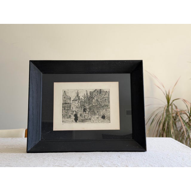 Original signed etching by Rouse Pinkston, dated June 1975, depicting a detailed European street scene with horse-drawn...