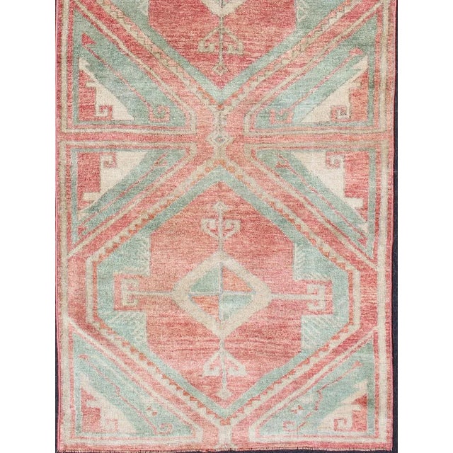 Vintage Turkish Oushak Runner With Coral Red, Soft Teal, and Warm Beige For Sale - Image 4 of 12