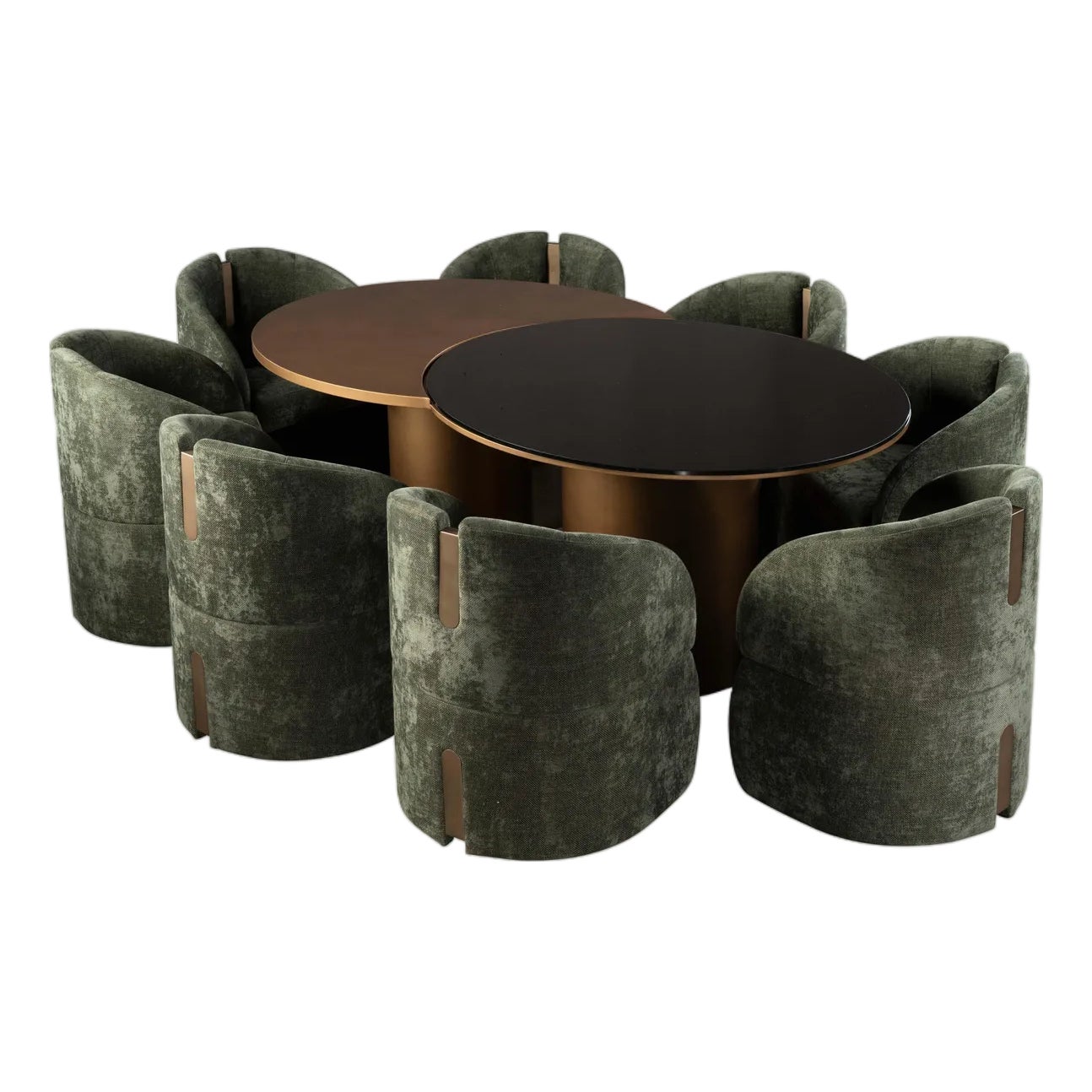 Modern 79 Inch Irregular Kaylee Dining Table Set with 8 Green Chairs ...