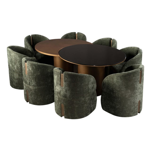 Modern 79 Inch Irregular Kaylee Dining Table Set with 8 Green Chairs For Sale