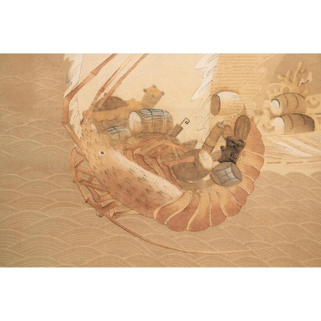 Gorgeous vintage large Japanese printed silk scroll mounted on paper. Depicting loaded with barrels Lobster Boat and...