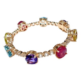 Bochic "Capri" Ruby, Amethyst & Topaz Vintage Bracelet Set 18K Gold & Silver For Sale