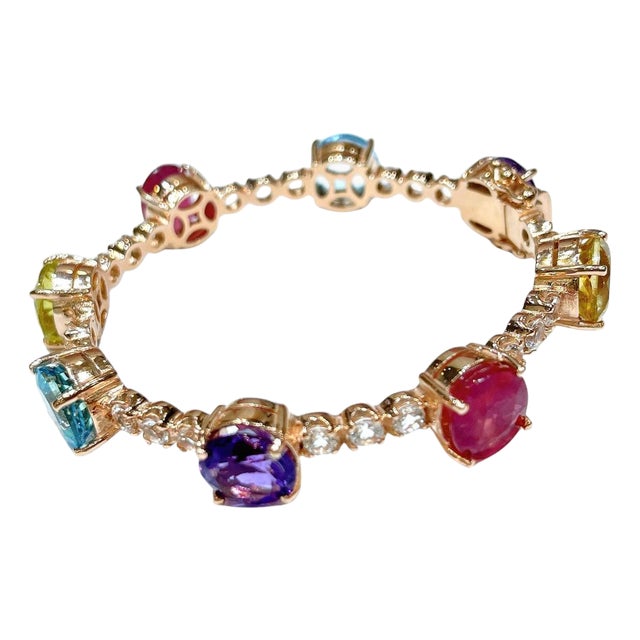 Bochic "Capri" Ruby, Amethyst & Topaz Vintage Bracelet Set 18K Gold & Silver For Sale