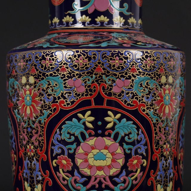 Dark Blue Ground Famille Rose Shou Symbol Floral Rouleau Vase, Chinoiserie Decor Vessel For Sale In New York - Image 6 of 9