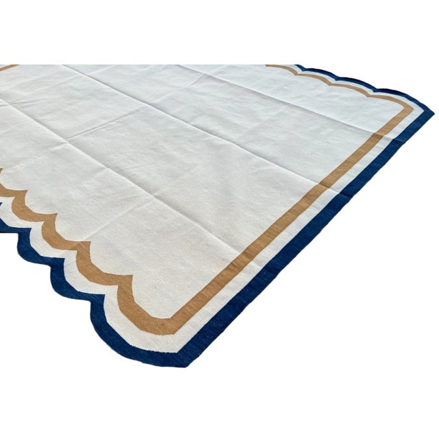 Not Yet Made - Made To Order Handmade Cotton Vegetable Dyed Scalloped Rug Cream, Mustard and Navy Blue Border - 9'x12' For Sale - Image 6 of 11