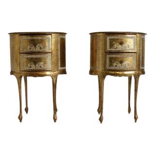 Pair of 2 Oval Midcentury Italian Florentine Style 2drawer Nightstand Bedside Table Gold White For Sale