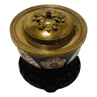 19th Century Imari Bowl Repurposed as an Inkwell Mounted in Brass. Charming Acorn Finial W Oak Leaves. For Sale