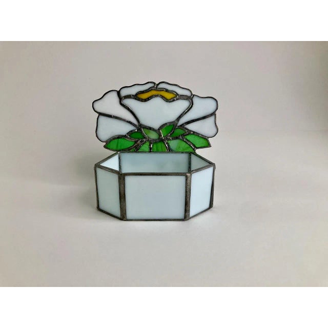Vintage Leaded Floral Stained Glass Lidded Box. Featuring a hand crafted hexagon form, White Glass structure, leaded...