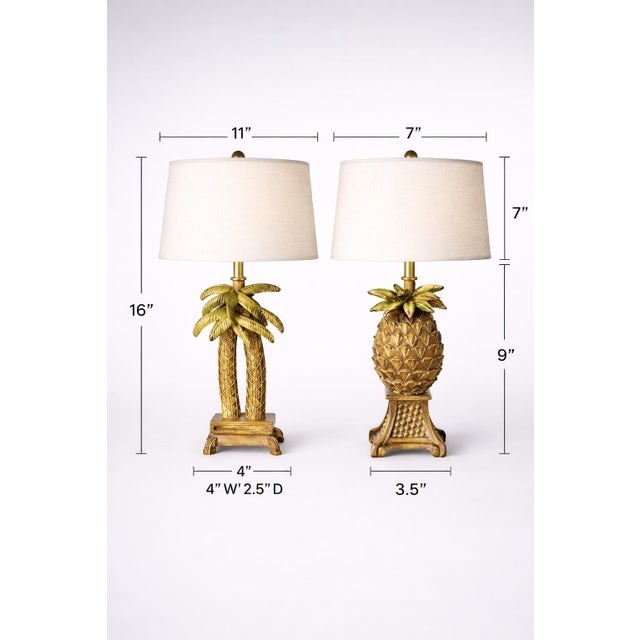 Hollywood Regency Late 20th Century Petite Tropical Palm Tree & Pineapple Table Lamps With Linen Drum Shades – Hollywood Regency Coastal Style, 16” H - a Pair For Sale - Image 3 of 10