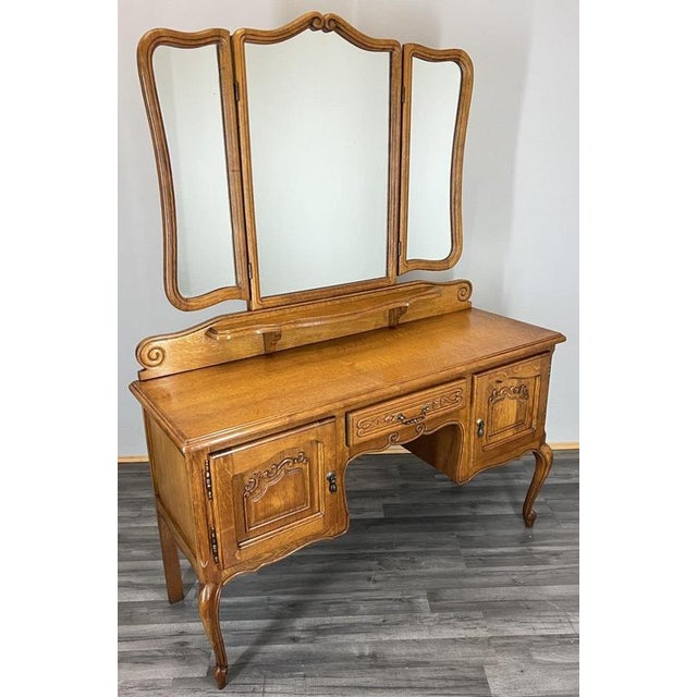 Vintage French Louis Style Oak Dressing Table with Mirror For Sale - Image 14 of 14