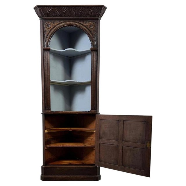 Antique English Carved Oak Corner Cabinet For Sale - Image 3 of 6