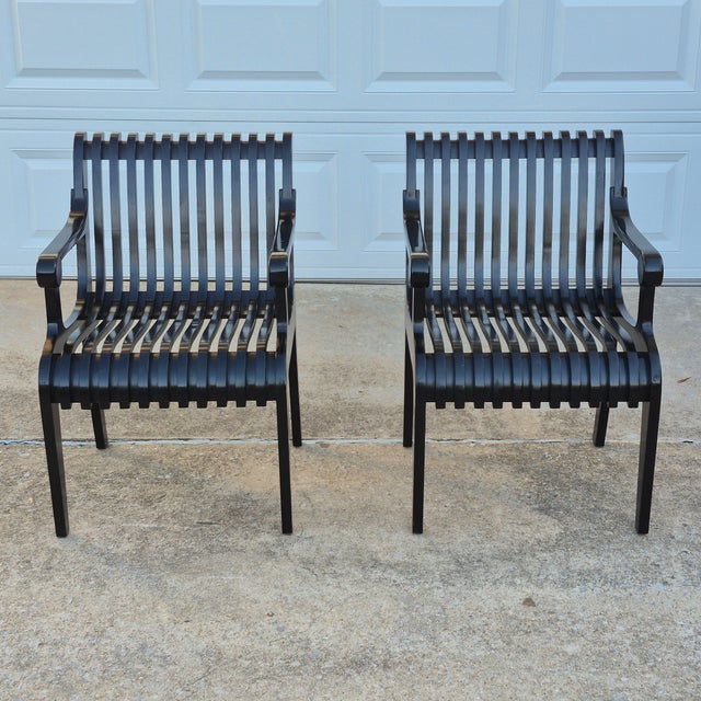 1990s Thonet Style Black Lacquered Sculptural Wood Slatted Arm Chairs, a Pair For Sale - Image 18 of 18