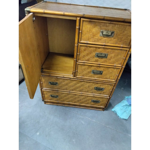 1980s Vintage Dixie Rattan & Wicker Armoire With Brass Handles For Sale - Image 5 of 10